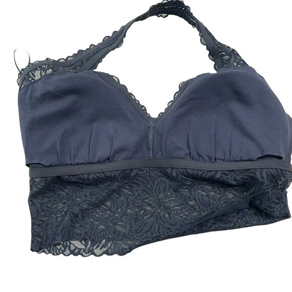 Aerie Womens Bra Size XL Blue Floral Lace Halter Neck Padded Bralette Wireless - Picture 3 of 5